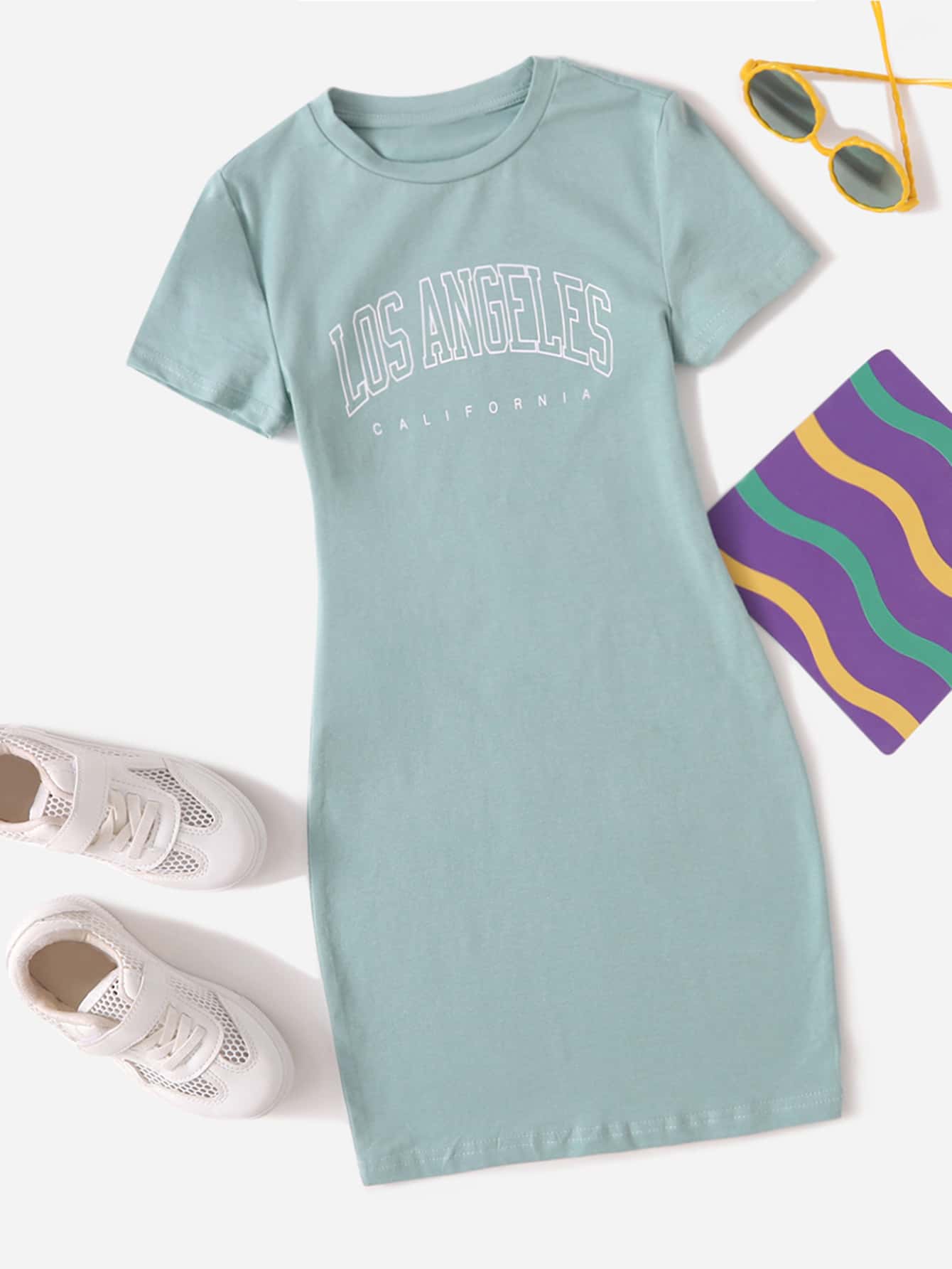 SHEIN Tween Girl Letter Graphic Tee Dress - Mint Green - View 1