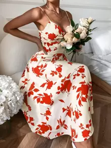 植物圖案後綁帶吊帶連衣裙 - 紅色 - 查看 6