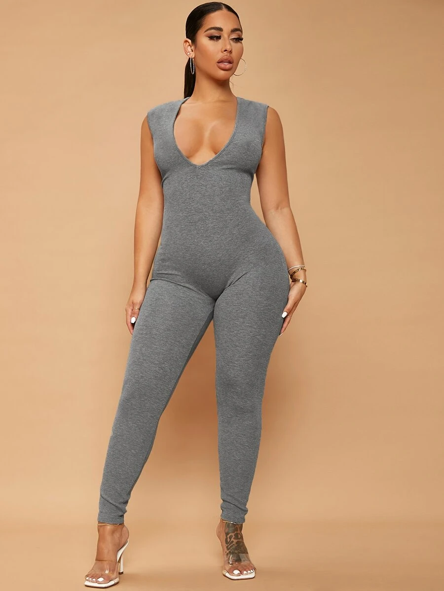 SHEIN SXY Plunge Neck Unitard Jumpsuit - Grey - View 1