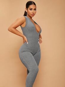 SHEIN SXY Plunge Neck Unitard Jumpsuit - Grey - View 4