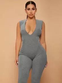 SHEIN SXY Plunge Neck Unitard Jumpsuit - Grey - View 5