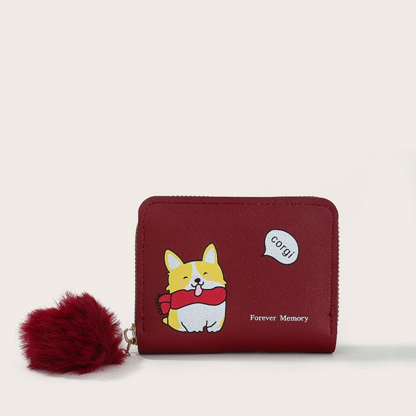 

Cartoon Graphic Pom-pom Decor Small Wallet, Red