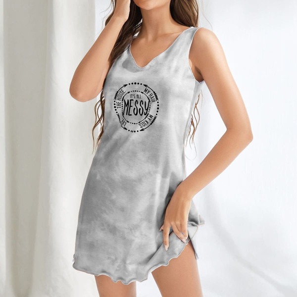 

Letter Graphic Tie Dye Lettuce Trim Hem Night Dress, Grey