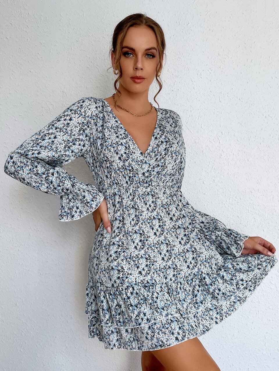 Ditsy Floral Flounce Sleeve Layered Ruffle Hem Dress