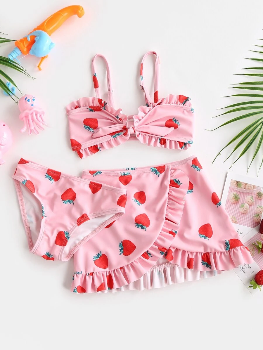 3packs Baby Girl Strawberry Print Ruffle Trim Beachwear Summer Beach - Pink - View 1
