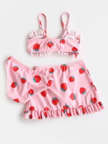 3packs Baby Girl Strawberry Print Ruffle Trim Beachwear Summer Beach - Pink - View 2