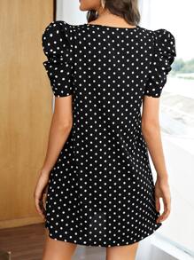 SHEIN Clasi 波卡圓點貝殼邊泡泡袖直筒洋裝 - 黑色 - 查看 2