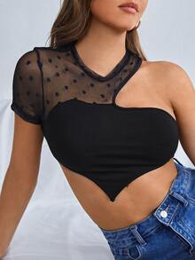 SHEIN Áo nữ Bất đối xứng Tương phản Mesh cắt Chấm bi Gợi cảm - màu đen - Xem 3