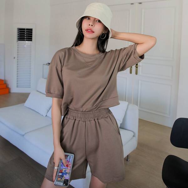 

Drop Shoulder Pullover & Slant Pockets Shorts, Mocha brown