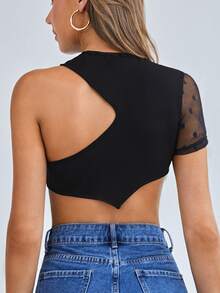 SHEIN Áo nữ Bất đối xứng Tương phản Mesh cắt Chấm bi Gợi cảm - màu đen - Xem 2