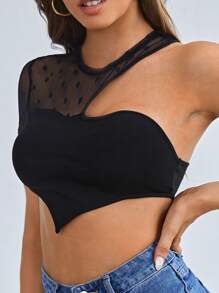 SHEIN Áo nữ Bất đối xứng Tương phản Mesh cắt Chấm bi Gợi cảm - màu đen - Xem 1