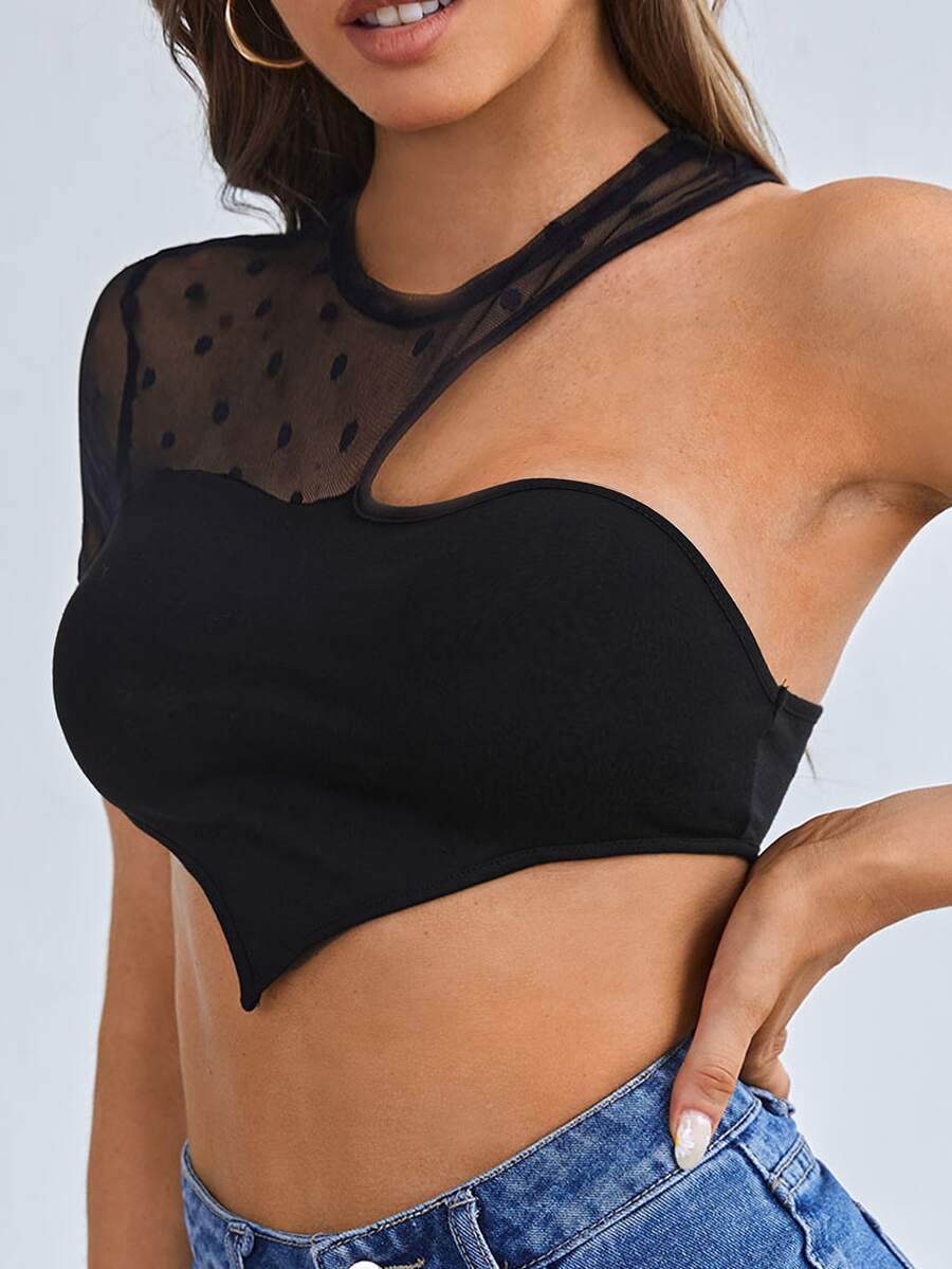 SHEIN Áo nữ Bất đối xứng Tương phản Mesh cắt Chấm bi Gợi cảm - màu đen - Xem 1
