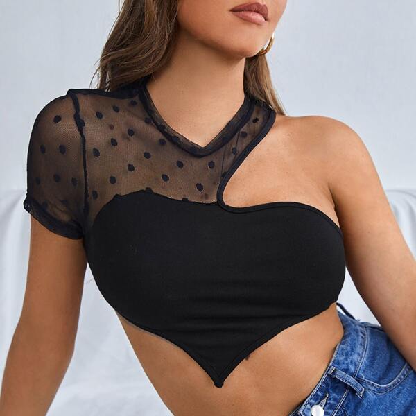 

Contrast Dobby Mesh Asymmetrical Neck Crop Top, Black