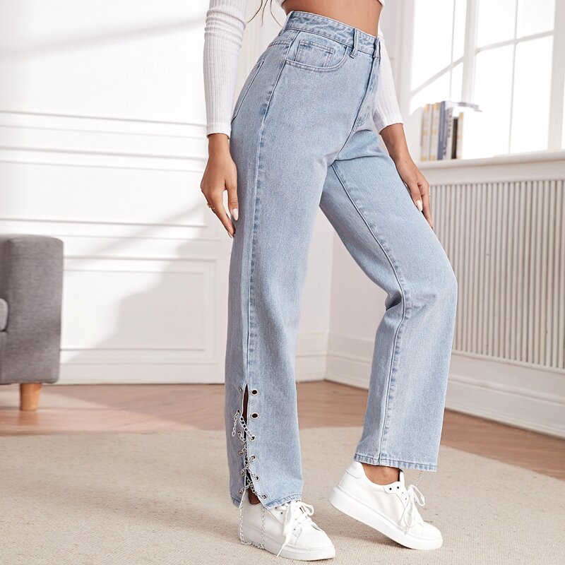 

Grommet Eyelet Straight Leg Jeans With Chain, Light wash