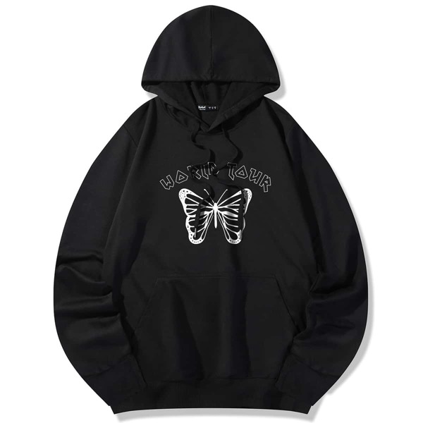 

Guys Butterfly Letter Print Drawstring Sweatshirt, Black