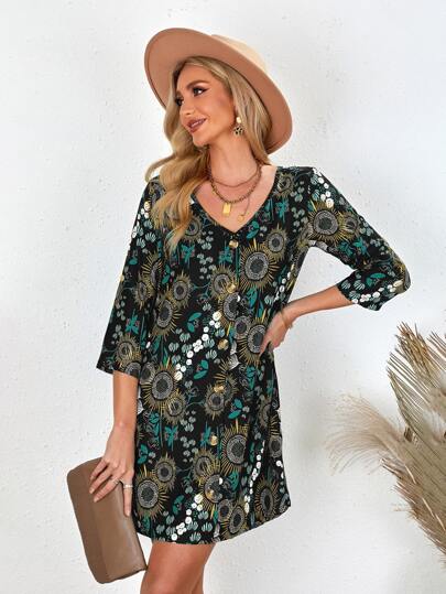 Geo & Plant Print Roll Tab Sleeve Dress