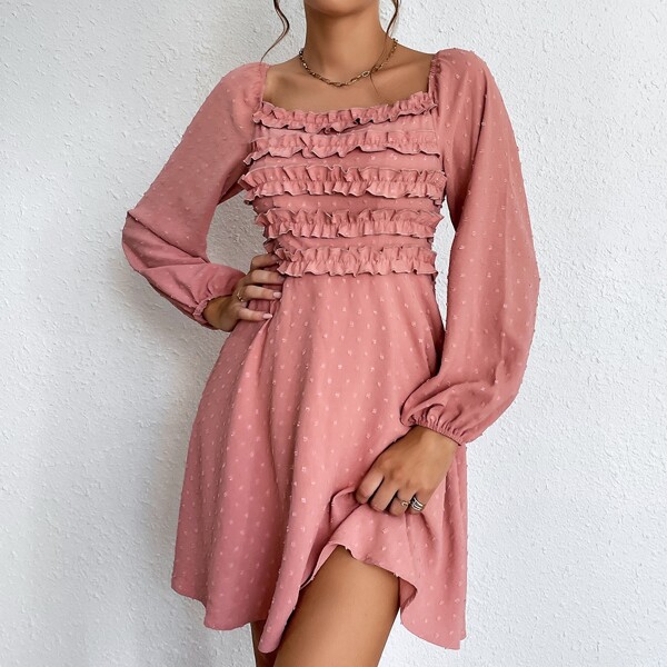 

Lantern Sleeve Frill Detail Swiss Dot Dress, Dusty pink