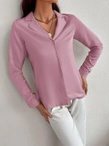 GENKIRA 纯色前扣衬衫优雅商务休闲女士纽扣衬衫 - 紫丁香色 - 查看 3