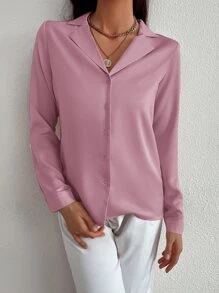 GENKIRA 纯色前扣衬衫优雅商务休闲女士纽扣衬衫 - 紫丁香色 - 查看 5