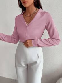 GENKIRA 纯色前扣衬衫优雅商务休闲女士纽扣衬衫 - 紫丁香色 - 查看 6