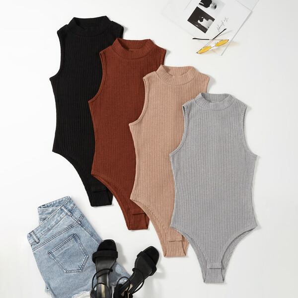 

4pcs Solid Tank Bodysuit, Multicolor