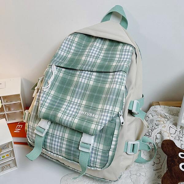 

Kids Plaid Pattern Large Capacity Backpack, Green