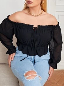 SHEIN Privé 大碼素色褶邊前打結一字肩襯衫 - 黑色 - 查看 1