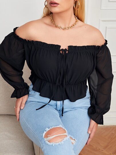 بلوزة معقود امامي بتفاصيل شبكي بلون موحد مقاس كبير