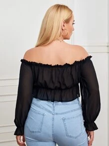 SHEIN Privé 大碼素色褶邊前打結一字肩襯衫 - 黑色 - 查看 2