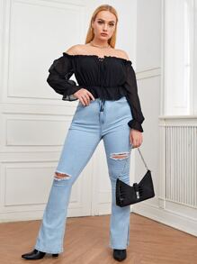 SHEIN Privé 大碼素色褶邊前打結一字肩襯衫 - 黑色 - 查看 3