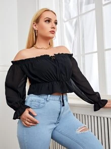 SHEIN Privé 大碼素色褶邊前打結一字肩襯衫 - 黑色 - 查看 4