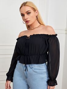 SHEIN Privé 大碼素色褶邊前打結一字肩襯衫 - 黑色 - 查看 5