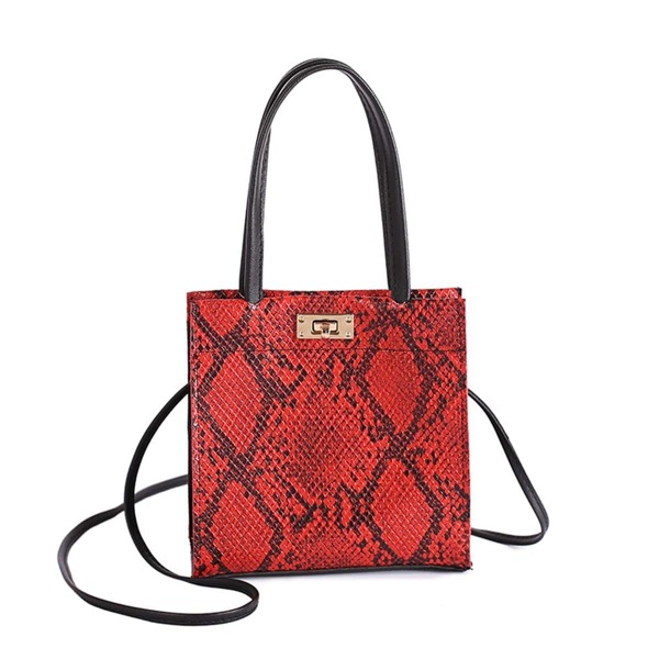 

Snakeskin Print Twist Lock Satchel Bag, Red