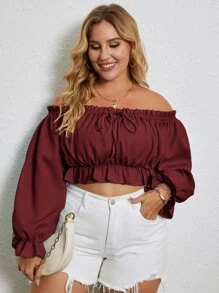 SHEIN Unity Plus Bardot Frill Trim Flounce Sleeve Crop Top Off The Shoulder Top - Burgundy - View 1