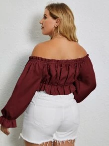 SHEIN Unity Plus Bardot Frill Trim Flounce Sleeve Crop Top Off The Shoulder Top - Burgundy - View 2