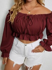 SHEIN Unity Plus Bardot Frill Trim Flounce Sleeve Crop Top Off The Shoulder Top - Burgundy - View 3