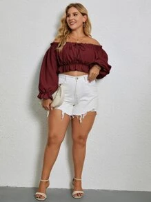 SHEIN Unity Plus Bardot Frill Trim Flounce Sleeve Crop Top Off The Shoulder Top - Burgundy - View 5