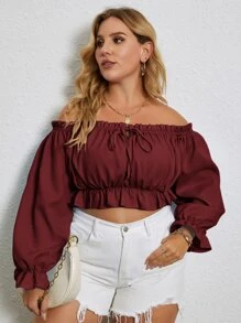 SHEIN Unity Plus Bardot Frill Trim Flounce Sleeve Crop Top Off The Shoulder Top - Burgundy - View 6
