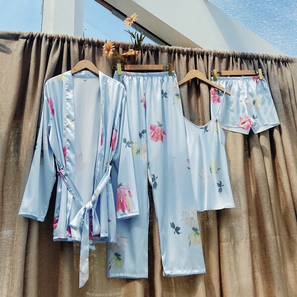 

4pcs Floral Print Night Cami Top & Shorts & Pants & Robe, Baby blue