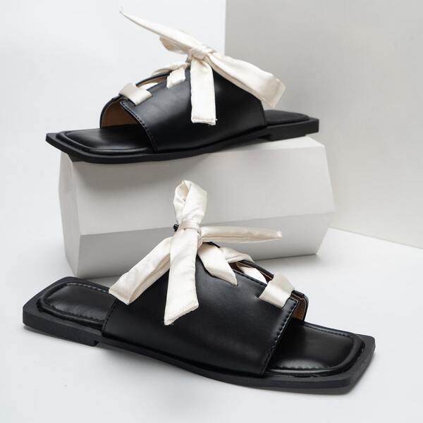 

Two Tone Lace Up Design Slide Sandals, Black