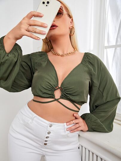Plus Criss Cross Tie Back Bishop Sleeve Crop Top