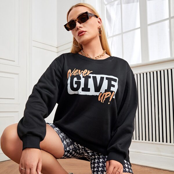 

Plus Slogan Graphic Drop Shoulder Sweatshirt, Black