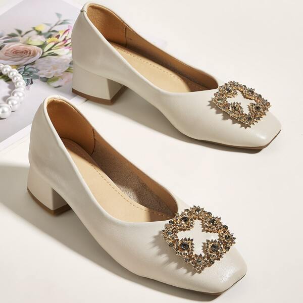 

Rhinestone Decor Square Toe Court Pumps, Apricot