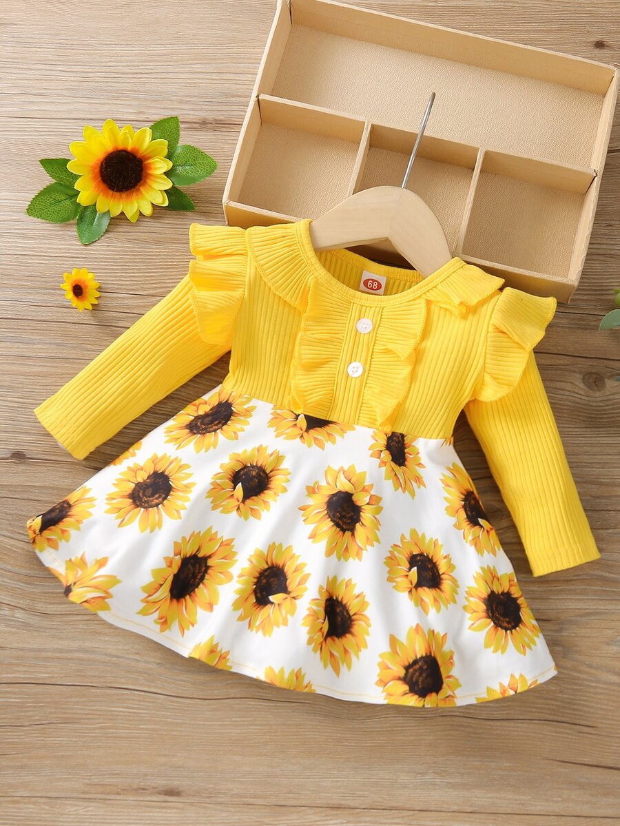 Bebé Vestido con estampado de girasol ribete con fruncido - Multicolor - Ver 1