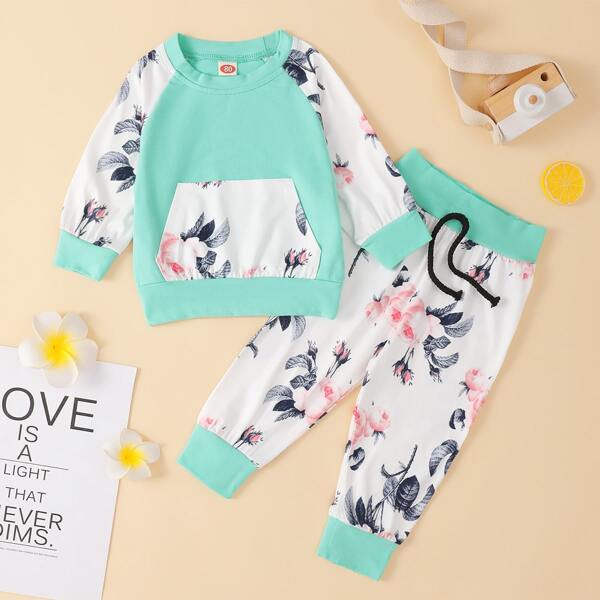 

Baby Girl Floral Print Sweatshirt With String Sweatpants, Multicolor