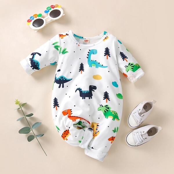 

Baby Cartoon Dinosaur Print Jumpsuit, White