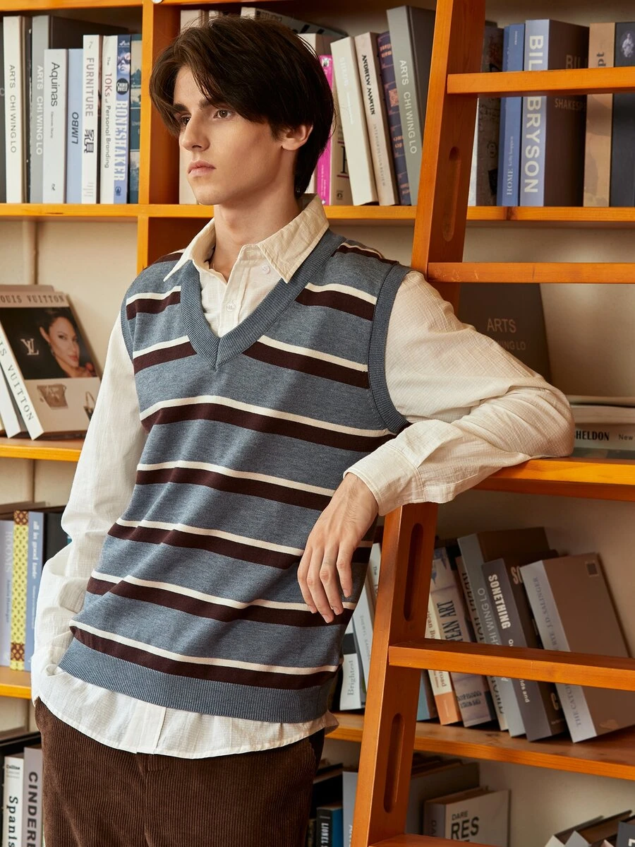 Manfinity 男士條紋圖案毛衣背心不附帶襯衫 - 灰色 - 查看 1