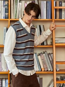 Manfinity 男士條紋圖案毛衣背心不附帶襯衫 - 灰色 - 查看 3