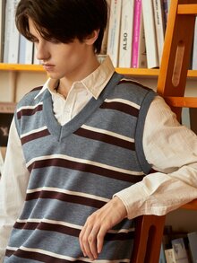 Manfinity 男士條紋圖案毛衣背心不附帶襯衫 - 灰色 - 查看 4