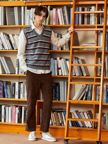 Manfinity 男士條紋圖案毛衣背心不附帶襯衫 - 灰色 - 查看 5